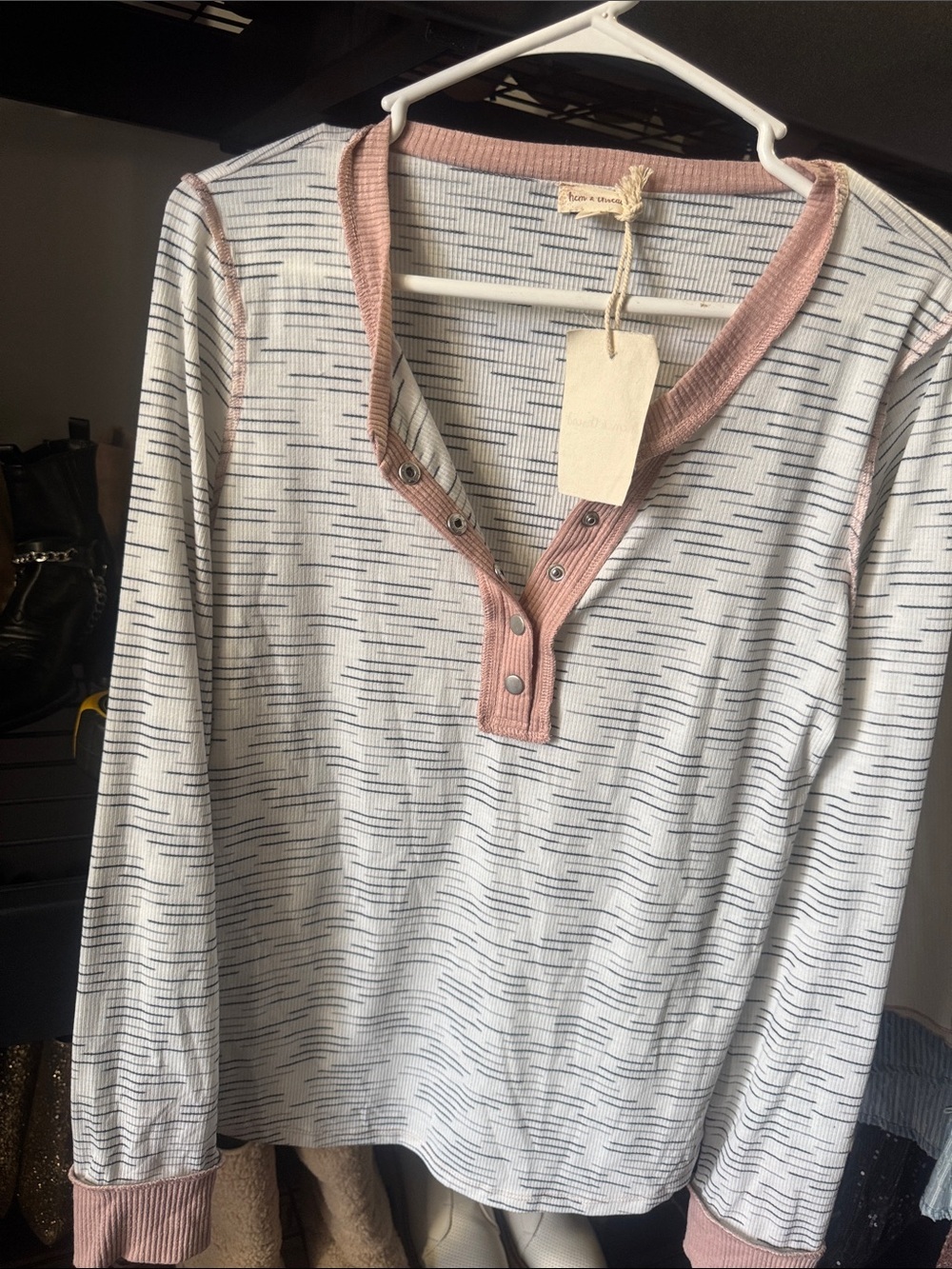 Striped White Henley Top with Dusty Pink Trim